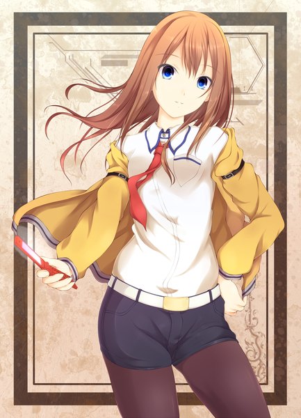 Anime picture 1100x1523 with steins;gate white fox makise kurisu hajie single long hair tall image looking at viewer blue eyes brown hair open jacket girl pantyhose necktie jacket shorts short shorts