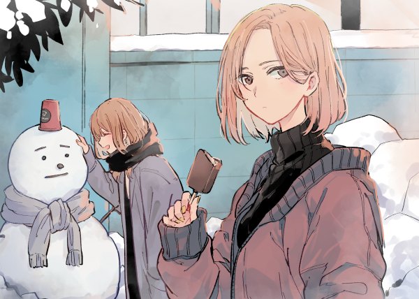 Anime picture 1200x856 with original monsieur long hair looking at viewer fringe short hair open mouth blonde hair multiple girls holding brown eyes payot outdoors eyes closed profile sleeves past wrists winter snow ^ ^ ^o^