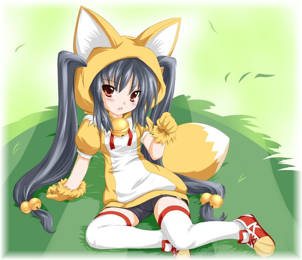 Anime picture 1162x1002 with pangya kooh kazami karasu single long hair blush black hair red eyes sitting twintails loli fox ears fox tail fox girl girl thighhighs gloves white thighhighs bell