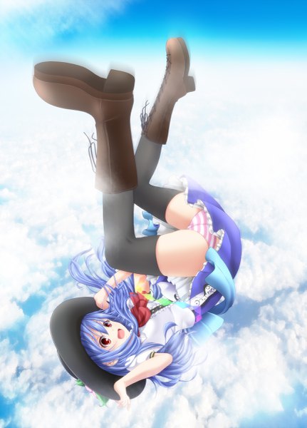 Anime picture 1725x2400 with touhou hinanawi tenshi evandragon single long hair tall image blush highres open mouth light erotic smile red eyes blue hair sky cloud (clouds) full body bent knee (knees) flying lacing adjusting hat