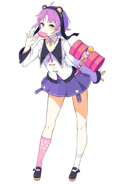 Anime picture 508x800 with original evers (artist) single tall image looking at viewer blush fringe short hair simple background white background animal ears yellow eyes purple hair ahoge leaning leaning forward fake animal ears asymmetrical legwear different socks girl