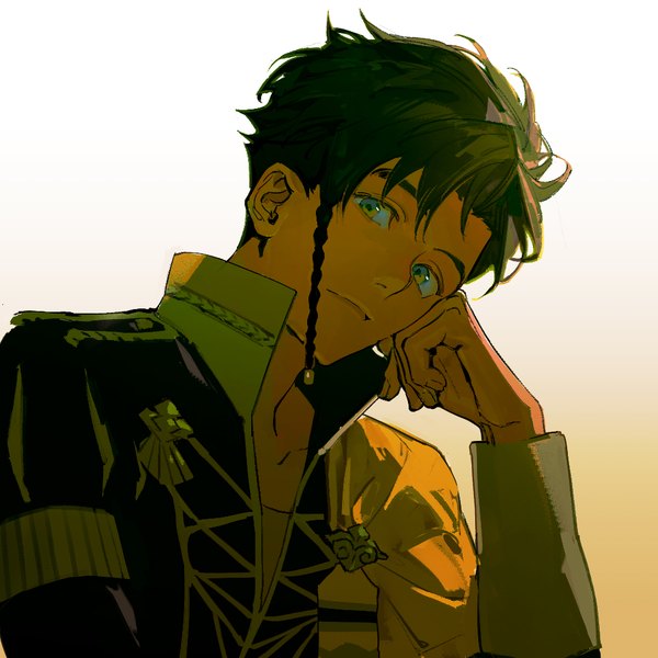 Anime picture 1000x1000 with fire emblem fire emblem: three houses nintendo claude von riegan kkia single looking at viewer fringe short hair simple background brown hair green eyes upper body head rest boy