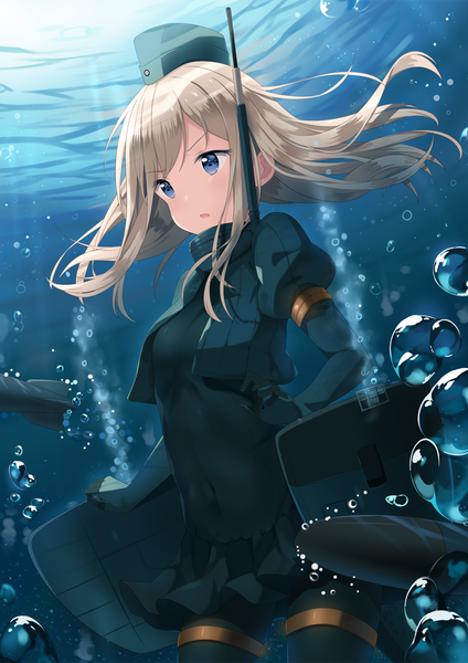 Anime picture 868x1229 with kantai collection u-511 submarine hitsukuya single long hair tall image fringe blue eyes blonde hair looking away parted lips underwater girl navel uniform pantyhose water bodysuit vest bubble (bubbles)