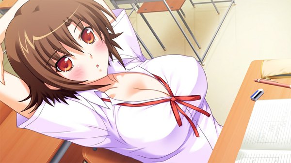 Anime picture 1024x576 with primary step single looking at viewer blush short hair breasts light erotic red eyes brown hair wide image large breasts game cg cleavage classroom girl serafuku desk