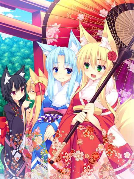 Anime picture 600x800 with original roshin long hair tall image blush fringe open mouth blue eyes black hair blonde hair hair between eyes red eyes multiple girls green eyes animal ears blue hair outdoors tail eyes closed traditional clothes