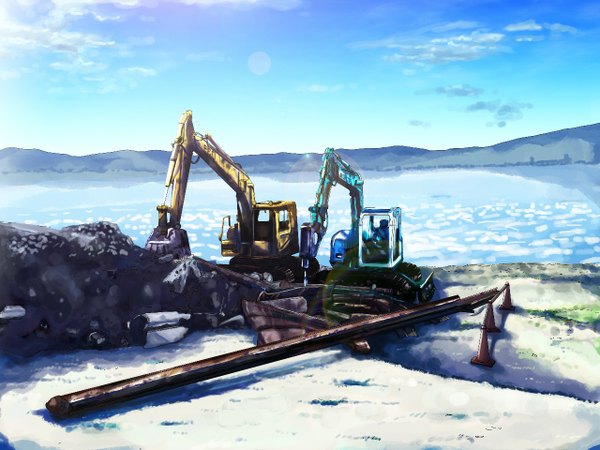 Anime picture 1280x960 with original ryouma (galley) sky cloud (clouds) mountain landscape summer water sea ground vehicle car caterpillar tracks