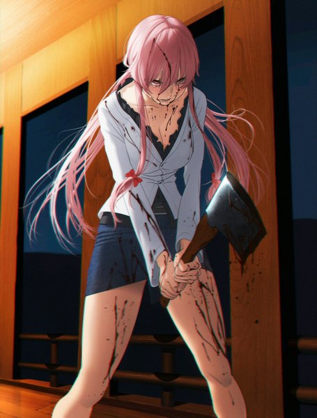 Anime picture 1394x1840 with mirai nikki gasai yuno revolmxd single long hair tall image blush holding brown eyes looking away pink hair angry girl skirt weapon miniskirt blood blouse axe