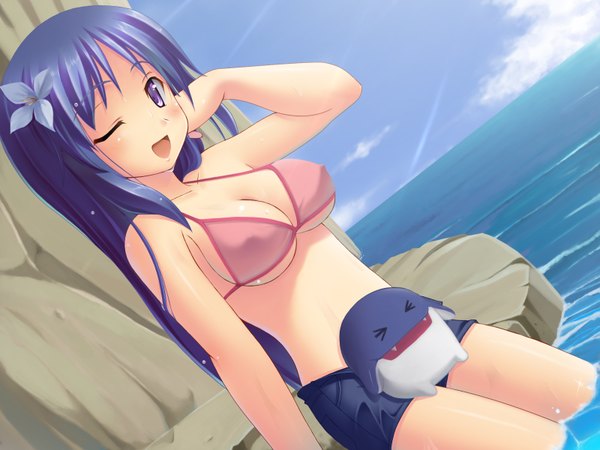 Anime picture 1600x1200 with pangya arin single long hair blush breasts open mouth light erotic smile large breasts purple eyes blue hair sky cloud (clouds) one eye closed wink happy horizon girl hair ornament