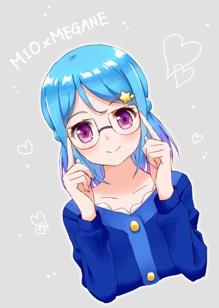 Anime picture 678x953 with aikatsu! aikatsu friends! minato mio hoshino kagari single tall image looking at viewer blush short hair smile purple eyes blue hair grey background character names adjusting glasses bespectacled girl hair ornament glasses heart