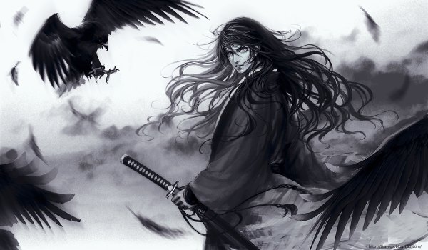 Anime-Bild 1200x700 mit original sun dou long hair black hair wide image monochrome boy weapon animal sword bird (birds) katana feather (feathers)