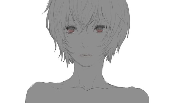 Anime picture 1500x897 with neon genesis evangelion gainax ayanami rei npn single short hair simple background red eyes wide image white background looking away monochrome girl