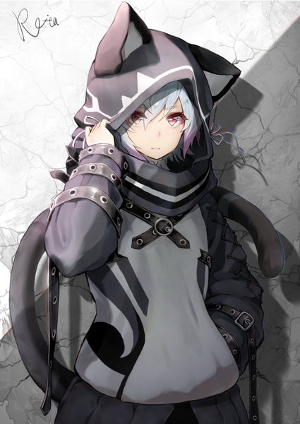 Anime picture 1003x1416 with original hoshizaki reita single tall image looking at viewer blush fringe short hair hair between eyes red eyes standing signed animal ears silver hair tail animal tail pleated skirt multicolored hair cat ears two-tone hair