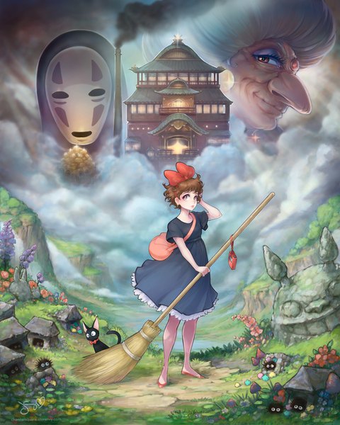 Anime picture 672x840 with spirited away tonari no totoro kiki's delivery service studio ghibli totoro kiki jiji no face (spirited away) susuwatari yubaba channelsquare tall image looking at viewer short hair brown hair multiple girls brown eyes signed cloud (clouds) white hair