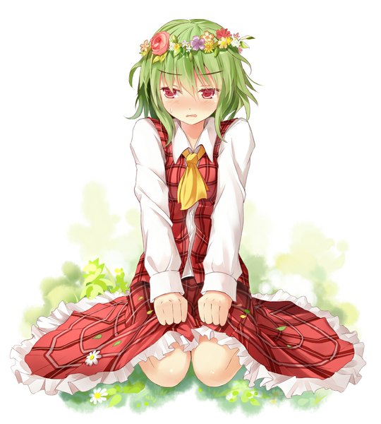 Anime picture 900x1000 with touhou kazami yuuka efe single tall image blush short hair open mouth simple background red eyes white background sitting looking away green hair girl dress skirt flower (flowers) skirt set wreath