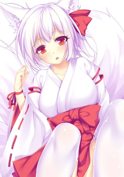 Anime picture 1748x2480 with original akabane single tall image looking at viewer blush fringe highres short hair light erotic simple background red eyes white background animal ears silver hair bent knee (knees) tail traditional clothes japanese clothes animal tail