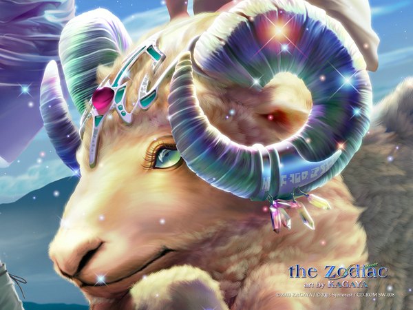 Anime picture 1600x1200 with kagaya horn (horns) 3d zodiac aries (zodiac) animal jewelry sheep