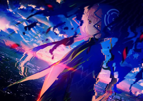 Anime picture 1000x707 with virtual youtuber kamitsubaki studio virtual kaf kaf (kamitsubaki studio) achiki single long hair looking at viewer fringe blue eyes standing twintails payot pink hair sky cloud (clouds) upper body outdoors blunt bangs braid (braids)