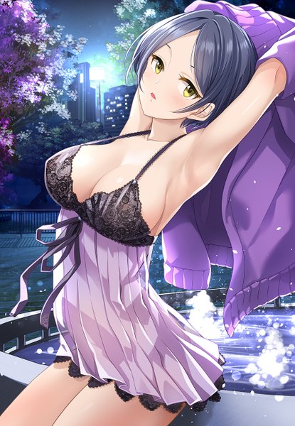 Anime picture 900x1300 with idolmaster idolmaster cinderella girls hayami kanade kazu single tall image looking at viewer blush short hair breasts open mouth light erotic large breasts yellow eyes blue hair cleavage outdoors night arms up armpit (armpits)