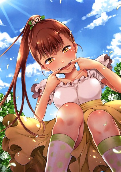 Anime picture 2326x3300 with original eshi 100-nin ten shouno kotaroo single long hair tall image looking at viewer blush highres open mouth smile brown hair sitting yellow eyes sky cloud (clouds) ponytail sunlight teeth looking down