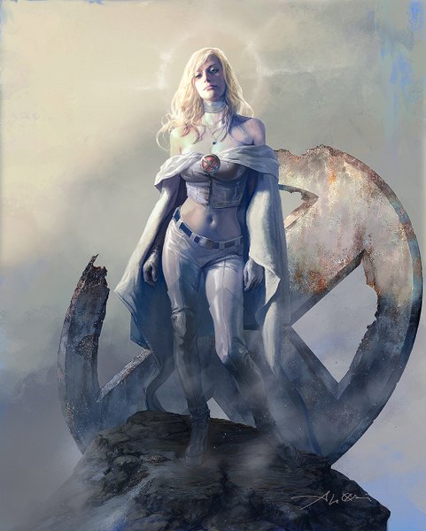 Anime picture 1123x1400 with x-men marvel comics emma grace frost emma frost aleksi (artist) single long hair tall image looking at viewer blonde hair standing bare shoulders green eyes signed realistic girl gloves navel pendant cloak