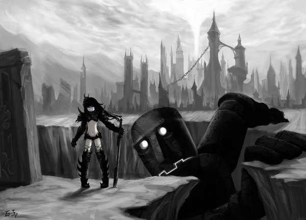 Anime picture 2415x1738 with original as109 long hair highres blue eyes black hair midriff monochrome scenic girl gloves weapon sword armor mask robot