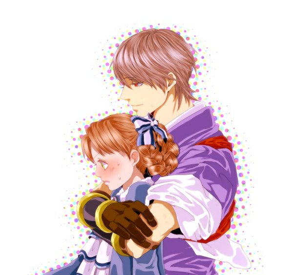 Anime picture 800x750 with shadow hearts shadow hearts ii anastasia romanov kurando chiru (sanifani) long hair blush short hair simple background red eyes brown hair white background green eyes braid (braids) profile light smile embarrassed couple hug polka dot