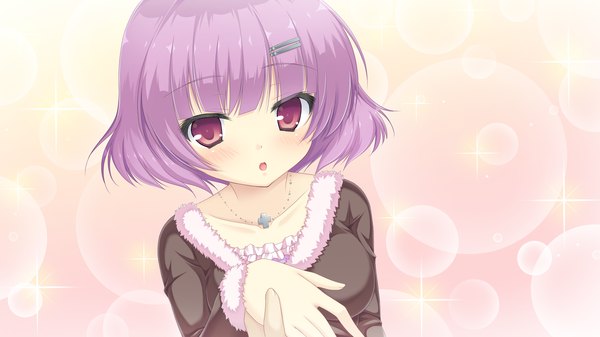 Anime picture 2560x1440 with mizu no miyako no patisserie blush highres short hair open mouth red eyes wide image game cg purple hair girl pendant