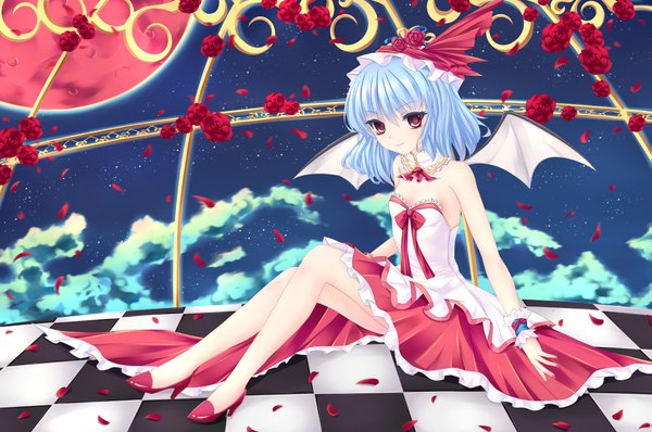 Anime picture 1807x1200 with touhou remilia scarlet fred0092 single blush highres short hair red eyes blue hair cloud (clouds) legs girl dress flower (flowers) petals wings bonnet