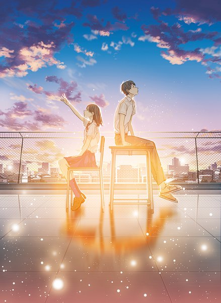 Anime picture 675x923 with original amemura long hair tall image short hair black hair brown hair sitting sky cloud (clouds) full body profile shadow outstretched arm city evening sunset looking up backlighting girl
