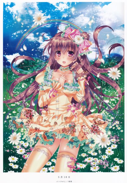 Anime picture 5236x7537 with original itou seto single long hair tall image looking at viewer blush highres open mouth brown hair purple eyes absurdres scan official art girl thighhighs dress flower (flowers) bow hair bow