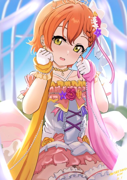 Anime picture 2480x3508 with love live! school idol project sunrise (studio) love live! hoshizora rin evildaddy12 single tall image looking at viewer blush fringe highres short hair open mouth hair between eyes sitting green eyes sky braid (braids) head tilt hair flower
