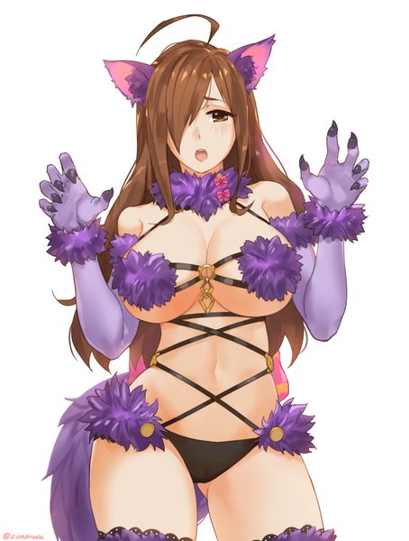 Anime picture 1373x1813 with fate (series) fate/grand order kono subarashii sekai ni shukufuku wo! studio deen mash kyrielight dangerous beast wiz (konosuba) sendrawz single long hair tall image looking at viewer blush fringe breasts light erotic simple background brown hair large breasts white background