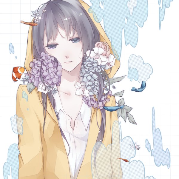 Anime picture 1681x1681 with original sekiyu single long hair simple background light smile grey hair grey eyes girl flower (flowers) shirt jacket hood fish (fishes)