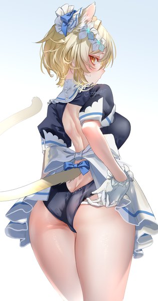 Anime picture 4200x8000 with genshin impact lumine (genshin impact) pottsness single tall image looking at viewer blush fringe highres short hair breasts light erotic simple background blonde hair hair between eyes large breasts standing animal ears yellow eyes absurdres