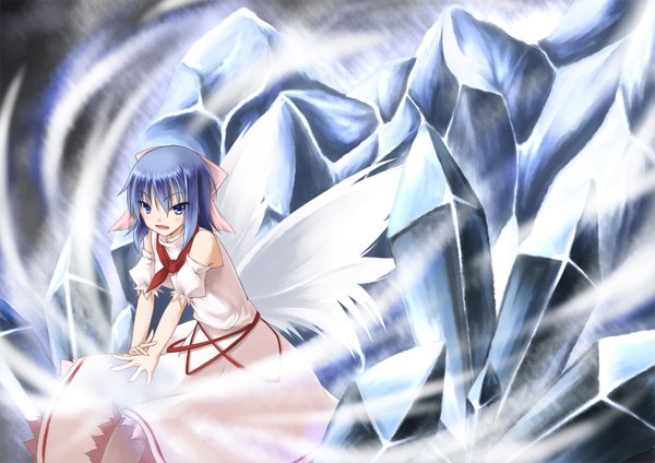 Anime picture 1600x1132 with touhou mai (touhou) sakura yuuya short hair blue eyes blue hair magic girl dress wings crystal ice