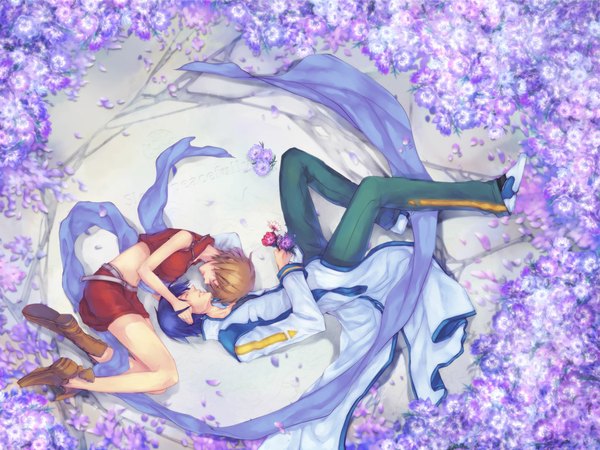 Anime picture 1024x768 with vocaloid kaito (vocaloid) meiko smi short hair brown hair blue hair lying eyes closed couple on side girl flower (flowers) boots belt scarf