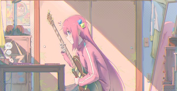 Anime picture 5965x3071 with bocchi the rock! cloverworks gotou hitori muina single long hair highres blue eyes wide image sitting looking away pink hair absurdres indoors profile one side up reflection girl hair ornament musical instrument