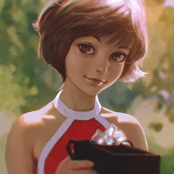 Anime picture 900x900 with guest from the future alisa selezneva ilya kuvshinov single looking at viewer fringe short hair smile brown hair bare shoulders holding black eyes sunlight portrait close-up girl plant (plants) box