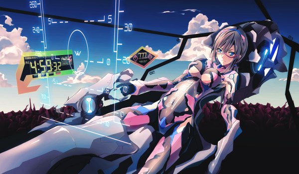 Anime picture 1771x1035 with neon genesis evangelion gainax makinami mari illustrious merontomari single long hair highres blue eyes brown hair wide image sky cloud (clouds) inscription girl glasses bodysuit