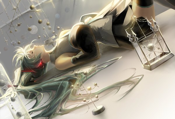 Anime picture 3639x2476 with vocaloid hatsune miku saihate (d3) single blush highres twintails absurdres bent knee (knees) lying eyes closed very long hair profile pleated skirt aqua hair on back dutch angle sleeping girl thighhighs
