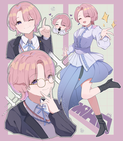 Anime picture 3629x4175 with idolmaster gakuen idolmaster arimura mao ooho0216 tall image looking at viewer highres short hair open mouth smile standing purple eyes pink hair absurdres eyes closed one eye closed wink sparkle standing on one leg multiview