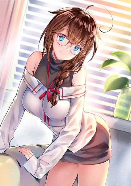 Anime picture 700x990 with kantai collection shigure destroyer rei (rei's room) single long hair tall image looking at viewer blush fringe blue eyes hair between eyes brown hair ahoge braid (braids) long sleeves head tilt sunlight dutch angle official alternate costume single braid