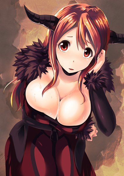 Anime picture 758x1072 with maoyuu maou yuusha arms corporation maou (maoyuu) hitsuji (hitsuji kikaku) single long hair tall image looking at viewer breasts light erotic red eyes large breasts red hair horn (horns) sweat demon girl girl dress