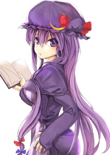 Anime picture 2480x3507 with touhou patchouli knowledge at2. single long hair tall image fringe highres simple background standing white background purple eyes purple hair looking back crescent girl dress bow hair bow hat