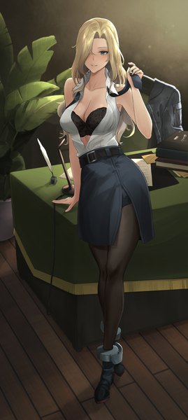 Anime picture 1029x2293 with kantai collection hornet (kantai collection) odachu single long hair tall image looking at viewer blush fringe breasts blue eyes light erotic blonde hair smile large breasts standing cleavage full body parted lips hair over one eye