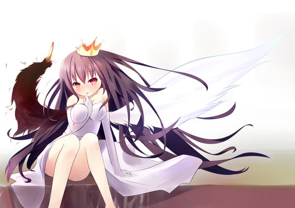 Anime picture 1527x1080 with original mazeshi single long hair blush black hair red eyes bare shoulders girl dress gloves wings elbow gloves crown