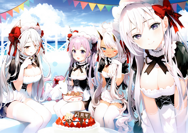 Anime picture 2418x1715 with azur lane prinz eugen (azur lane) belfast (azur lane) unicorn (azur lane) indianapolis (azur lane) amazon (azur lane) umibouzu (niito) long hair looking at viewer blush highres breasts open mouth blue eyes light erotic smile large breasts sitting purple eyes multiple girls