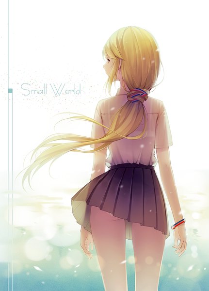 Anime picture 1000x1392 with original tidsean single long hair tall image light erotic blonde hair looking away from behind inscription low ponytail girl skirt miniskirt shirt petals bracelet