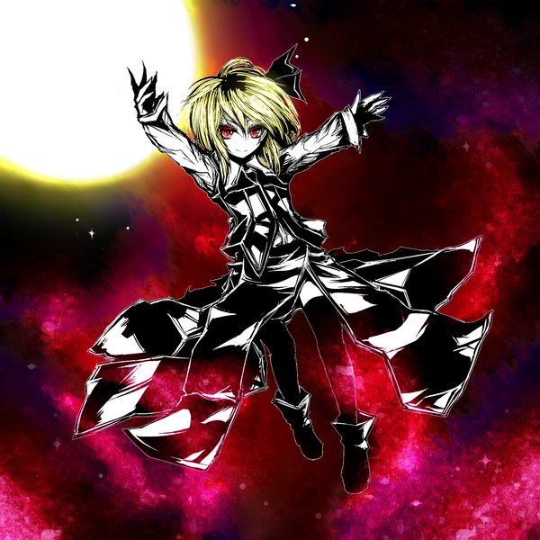 Anime picture 1500x1500 with touhou rumia acryl (artist) single short hair blonde hair smile red eyes fingernails spread arms long fingernails flying girl thighhighs skirt ribbon (ribbons) black thighhighs hair ribbon vest blouse