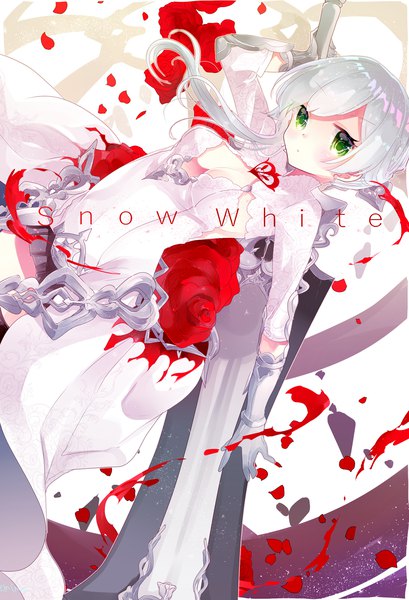 Anime picture 1500x2200 with sinoalice snow white (sinoalice) remimim single long hair tall image green eyes cleavage silver hair character names girl flower (flowers) weapon petals rose (roses) blood red rose huge weapon huge sword